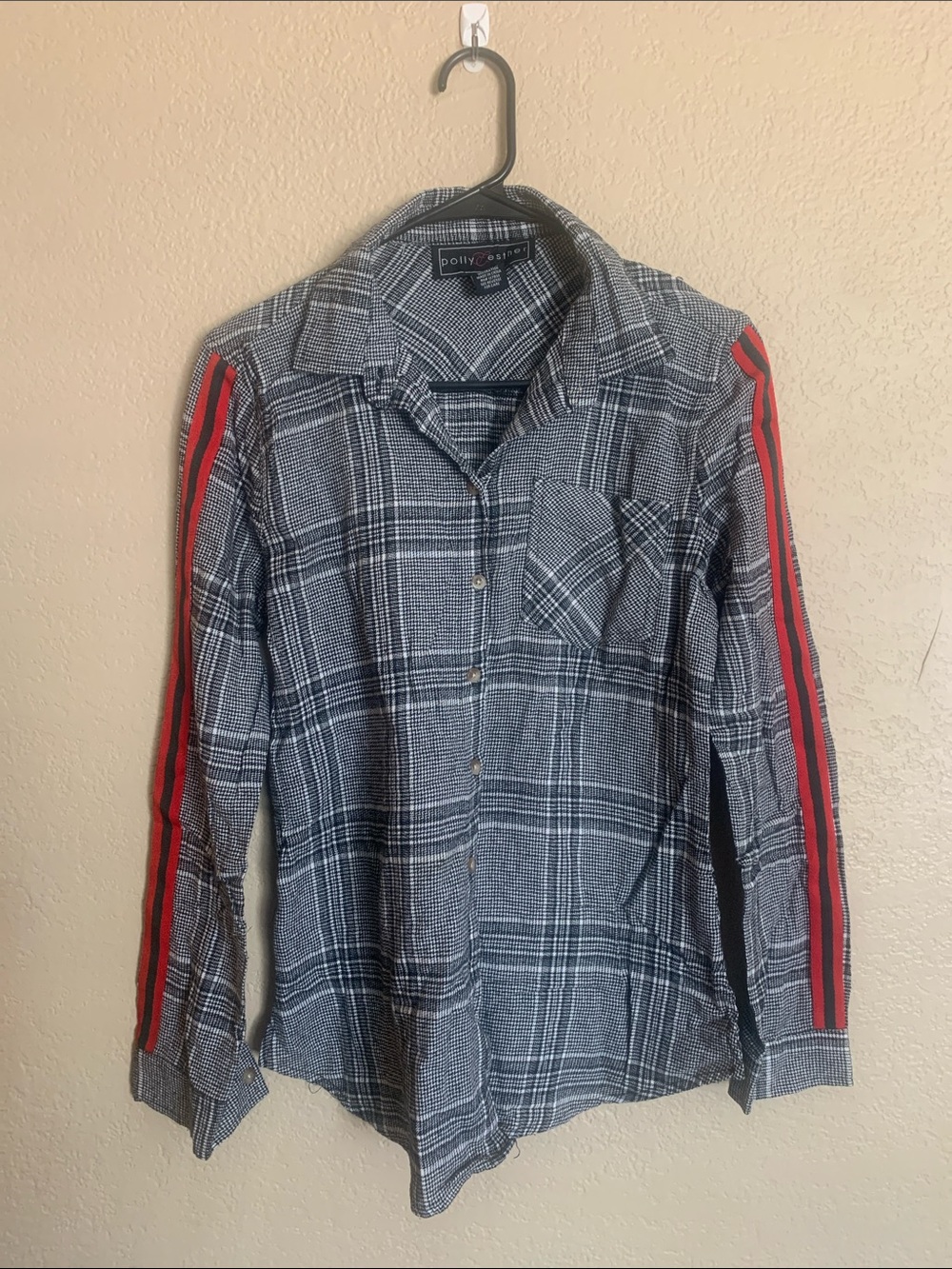 Polly & Esther Black and Gray Plaid Shirt with Red Sleeve Stripes